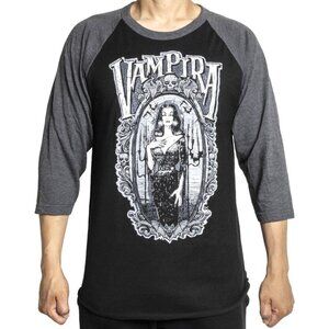 Vampira Gorey Frame Men's Black Raglan Shirt S-M-L-XL-2XL NWT